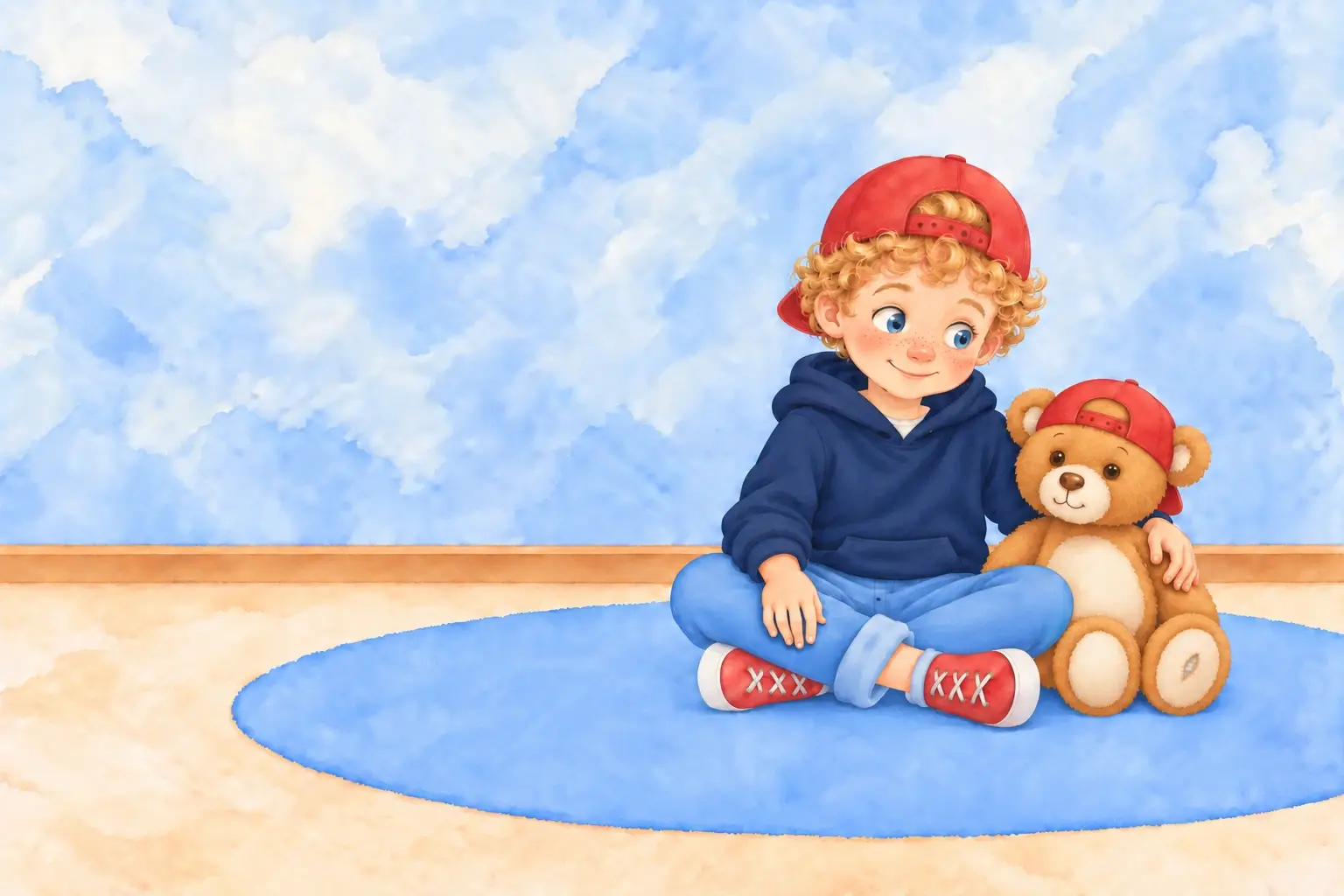 Griffin sitting on a blue rug with his teddy bear, Scout.